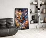 a checkered octopus holding a cosmic puzzle cube glass wall art leaning beside a dark leather sofa
