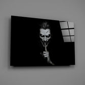 a grinning pale figure calling for silence glass wall art angled to show the polished tempered glass panel