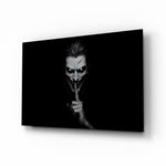Hush Monochrome Grinning Trickster Glass Wall Art - Lifestyle preview in a designer interior
