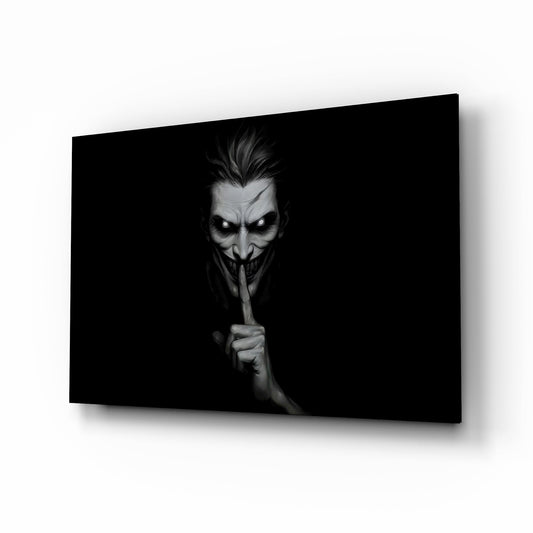 Hush Monochrome Grinning Trickster Glass Wall Art - Lifestyle preview in a designer interior