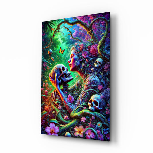 Neon Jungle Flower Goddess Skull Glass Wall Art - Lifestyle preview in a designer interior