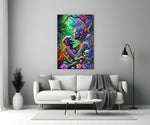 a neon jungle flower goddess holding a skull panel bringing character to a minimalist living room wall