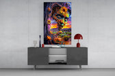 a painted face opening onto a desert sunset glass wall art displayed above a console in a designer interior
