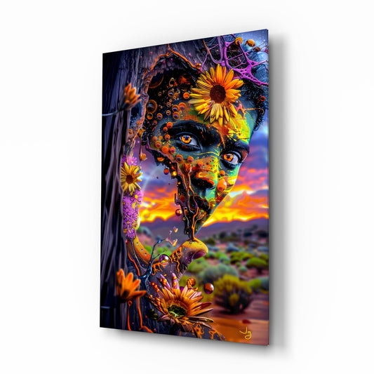 Sunset Desert Sunflower Face Glass Wall Art - Lifestyle preview in a designer interior