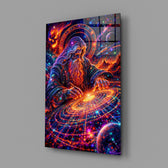 a neon cosmic wizard shaping a spiral galaxy glass wall art angled to show the polished tempered glass panel