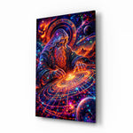 Neon Cosmic Wizard Spinning Galaxy Glass Wall Art - Lifestyle preview in a designer interior