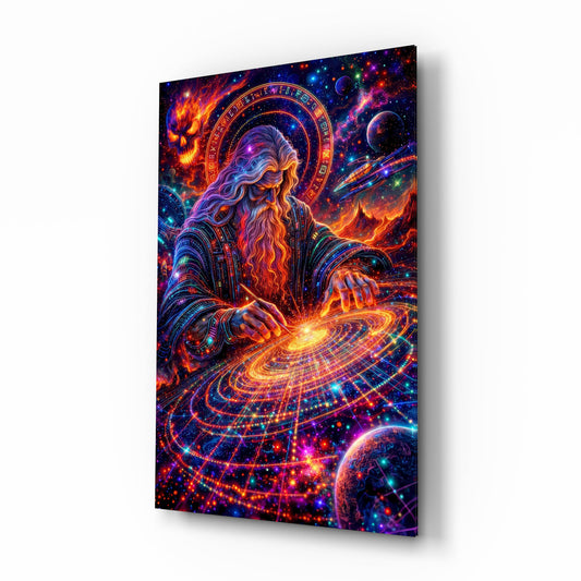 Neon Cosmic Wizard Spinning Galaxy Glass Wall Art - Lifestyle preview in a designer interior