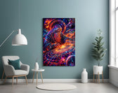 a neon cosmic wizard shaping a spiral galaxy glass wall art styled above an armchair in a reading corner
