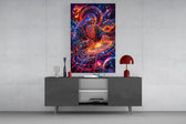 a neon cosmic wizard shaping a spiral galaxy glass wall art displayed above a console in a designer interior