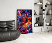 a neon cosmic wizard shaping a spiral galaxy glass wall art leaning beside a dark leather sofa