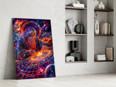 a neon cosmic wizard shaping a spiral galaxy panel resting in a shelving niche in a modern interior