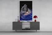 a silver-line creator shaping a spiral galaxy glass wall art displayed above a console in a designer interior