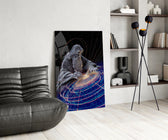 a silver-line creator shaping a spiral galaxy glass wall art leaning beside a dark leather sofa