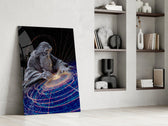 a silver-line creator shaping a spiral galaxy panel resting in a shelving niche in a modern interior