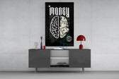 a brain half built from hundred-dollar bills glass wall art displayed above a console in a designer interior