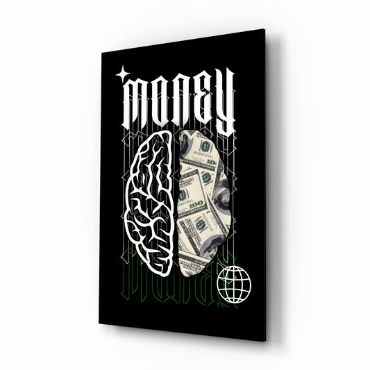 Money Brain Gothic Type Black Glass Wall Art - Lifestyle preview in a designer interior