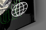 Close-up detail of the folded hundred-dollar bills forming the right hemisphere on the glass surface