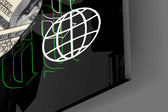 Close-up detail of the folded hundred-dollar bills forming the right hemisphere on the glass surface