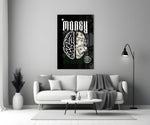 a brain half built from hundred-dollar bills panel bringing character to a minimalist living room wall