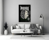 a brain half built from hundred-dollar bills panel bringing character to a minimalist living room wall
