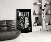 a brain half built from hundred-dollar bills glass wall art leaning beside a dark leather sofa