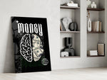 a brain half built from hundred-dollar bills panel resting in a shelving niche in a modern interior