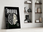 a brain half built from hundred-dollar bills panel resting in a shelving niche in a modern interior