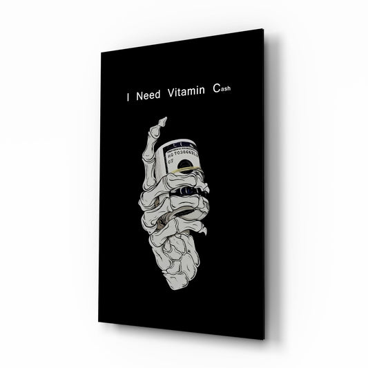 Vitamin Cash Skeleton Hand Money Glass Wall Art - Lifestyle preview in a designer interior