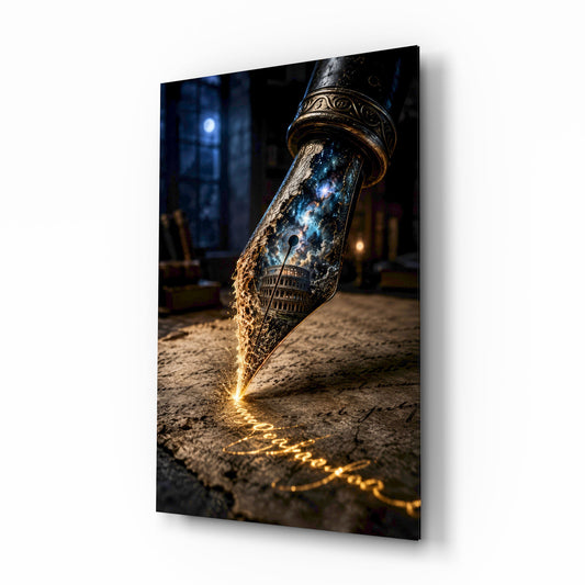 Cosmic Colosseum Fountain Pen Glass Wall Art - Lifestyle preview in a designer interior