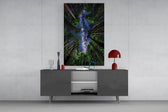 a redwood canopy opening to the Milky Way glass wall art displayed above a console in a designer interior
