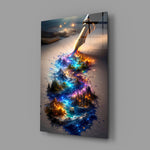 a fountain pen writing a glowing world glass wall art angled to show the polished tempered glass panel