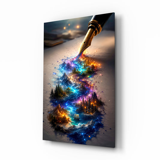 Fountain Pen Ink Fantasy World Glass Wall Art - Lifestyle preview in a designer interior