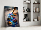 a fountain pen writing a glowing world panel resting in a shelving niche in a modern interior