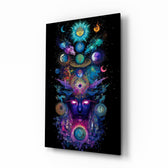 Cosmic Third Eye Deity Planets Glass Wall Art - Lifestyle preview in a designer interior