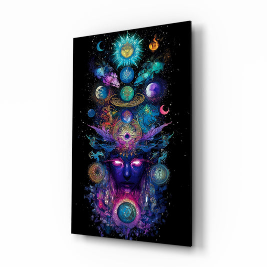 Cosmic Third Eye Deity Planets Glass Wall Art - Lifestyle preview in a designer interior