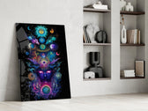 a cosmic deity crowned with planets panel resting in a shelving niche in a modern interior