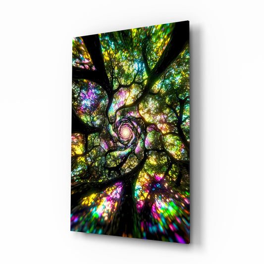 Stained Glass Tree Canopy Spiral Glass Wall Art - Lifestyle preview in a designer interior