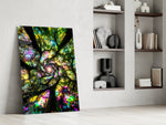 a rainbow tree canopy spiralling overhead panel resting in a shelving niche in a modern interior