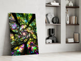 a rainbow tree canopy spiralling overhead panel resting in a shelving niche in a modern interior