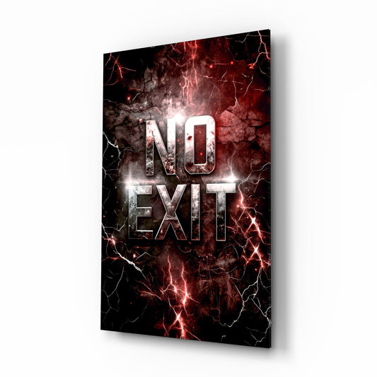 No Exit Red Cracked Lava Typography Glass Wall Art - Lifestyle preview in a designer interior
