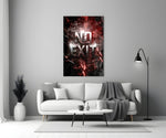 the words No Exit on cracked red stone panel bringing character to a minimalist living room wall
