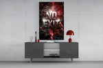 the words No Exit on cracked red stone glass wall art displayed above a console in a designer interior