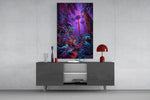 a neon purple jungle interior glass wall art displayed above a console in a designer interior