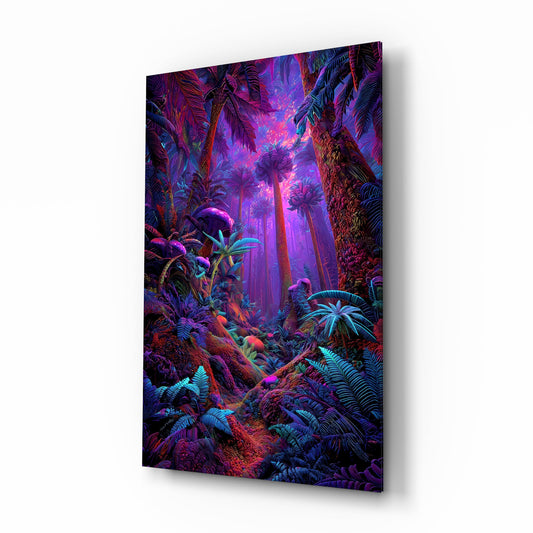 Neon Purple Jungle Glowing Rainforest Glass Wall Art - Lifestyle preview in a designer interior