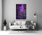 a neon purple jungle interior panel bringing character to a minimalist living room wall