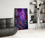 a neon purple jungle interior glass wall art leaning beside a dark leather sofa