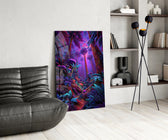 a neon purple jungle interior glass wall art leaning beside a dark leather sofa