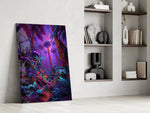 a neon purple jungle interior panel resting in a shelving niche in a modern interior