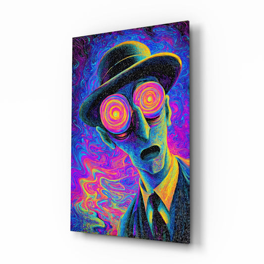 Spiral Eyes Bowler Hat Man Neon Glass Wall Art - Lifestyle preview in a designer interior