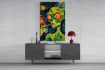 green alien smoking in deep space glass wall art displayed above a console in a designer interior